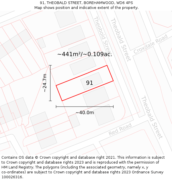 91, THEOBALD STREET, BOREHAMWOOD, WD6 4PS: Plot and title map