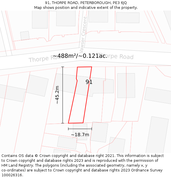 91, THORPE ROAD, PETERBOROUGH, PE3 6JQ: Plot and title map