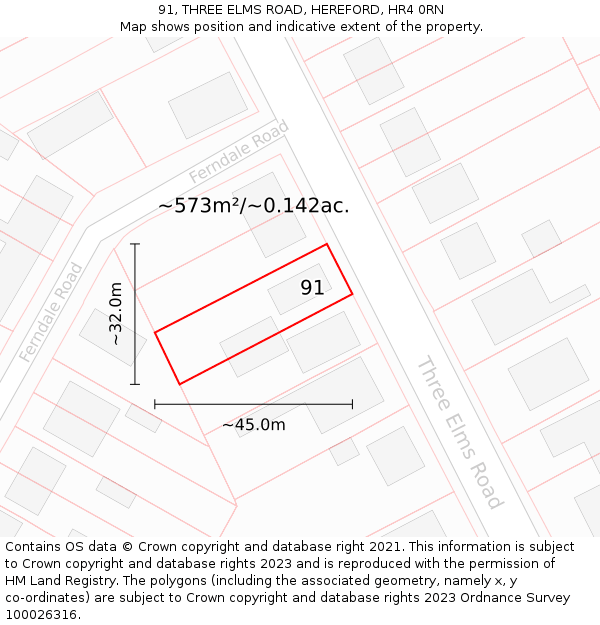 91, THREE ELMS ROAD, HEREFORD, HR4 0RN: Plot and title map