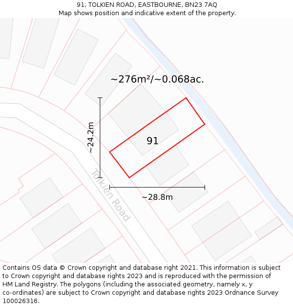 91, TOLKIEN ROAD, EASTBOURNE, BN23 7AQ: Plot and title map