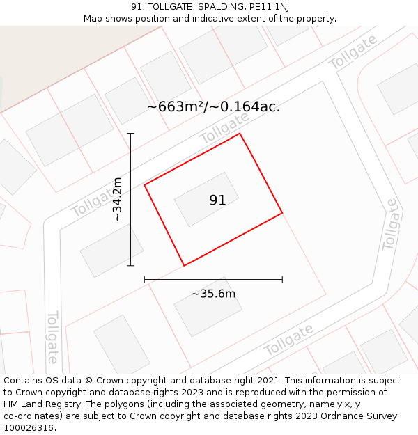 91, TOLLGATE, SPALDING, PE11 1NJ: Plot and title map