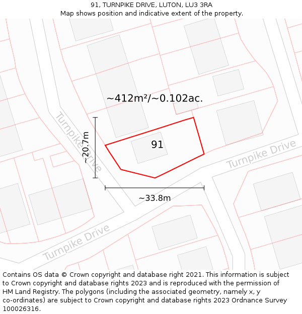 91, TURNPIKE DRIVE, LUTON, LU3 3RA: Plot and title map