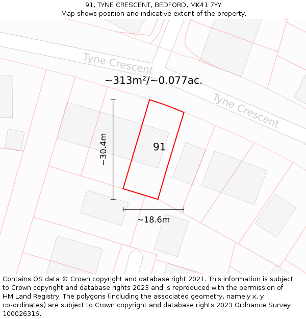 91, TYNE CRESCENT, BEDFORD, MK41 7YY: Plot and title map