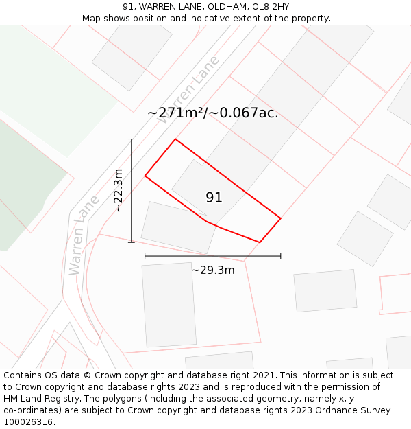 91, WARREN LANE, OLDHAM, OL8 2HY: Plot and title map