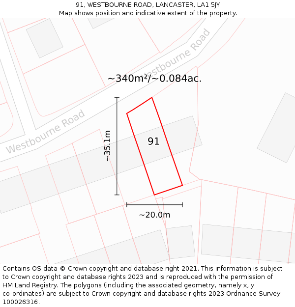 91, WESTBOURNE ROAD, LANCASTER, LA1 5JY: Plot and title map