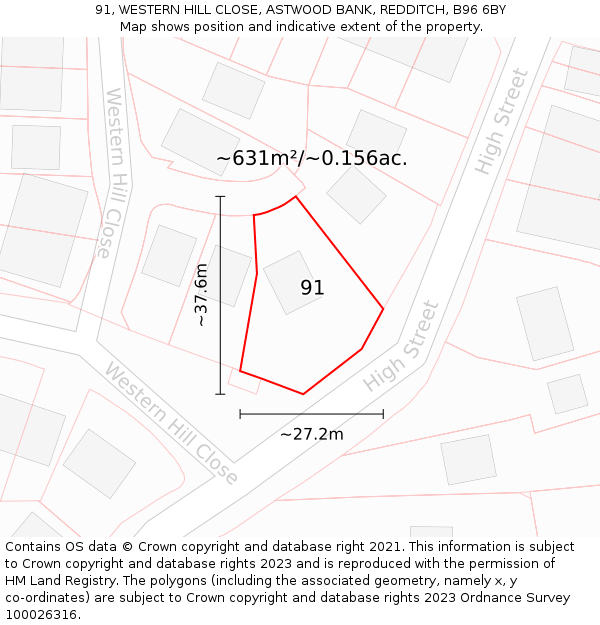 91, WESTERN HILL CLOSE, ASTWOOD BANK, REDDITCH, B96 6BY: Plot and title map