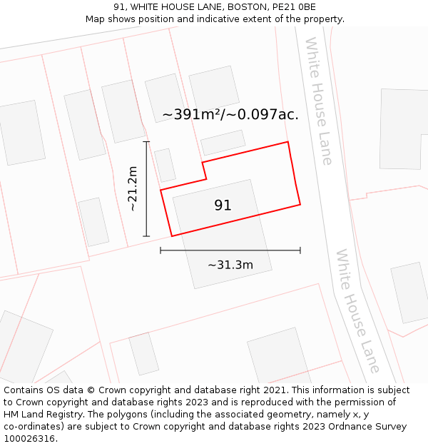 91, WHITE HOUSE LANE, BOSTON, PE21 0BE: Plot and title map