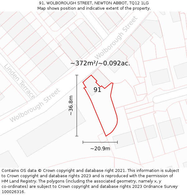 91, WOLBOROUGH STREET, NEWTON ABBOT, TQ12 1LG: Plot and title map