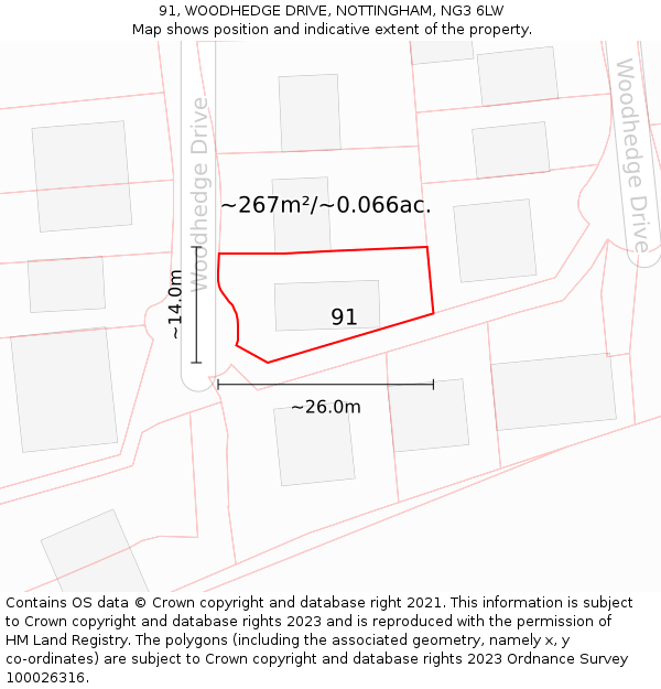 91, WOODHEDGE DRIVE, NOTTINGHAM, NG3 6LW: Plot and title map