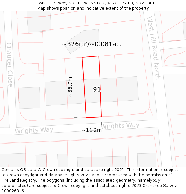 91, WRIGHTS WAY, SOUTH WONSTON, WINCHESTER, SO21 3HE: Plot and title map