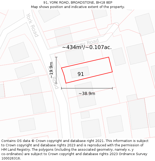 91, YORK ROAD, BROADSTONE, BH18 8EP: Plot and title map