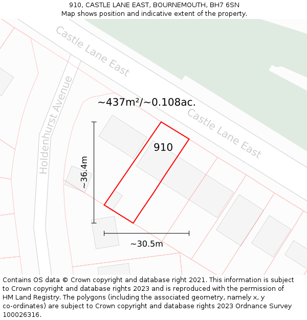 910, CASTLE LANE EAST, BOURNEMOUTH, BH7 6SN: Plot and title map