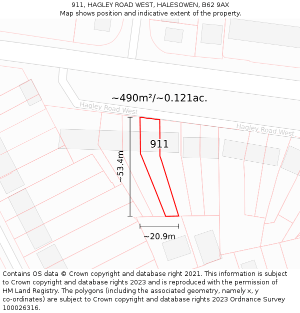 911, HAGLEY ROAD WEST, HALESOWEN, B62 9AX: Plot and title map