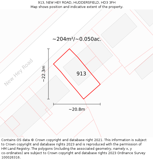 913, NEW HEY ROAD, HUDDERSFIELD, HD3 3FH: Plot and title map