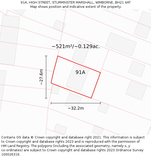 91A, HIGH STREET, STURMINSTER MARSHALL, WIMBORNE, BH21 4AT: Plot and title map