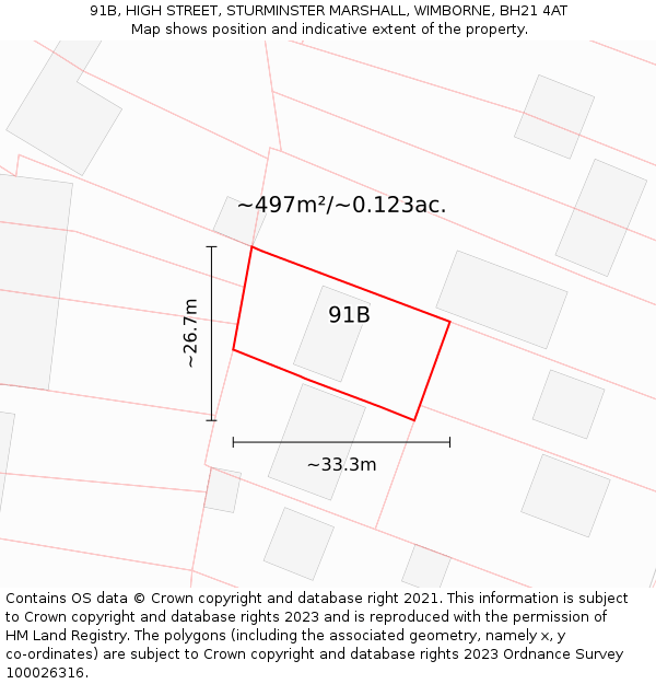 91B, HIGH STREET, STURMINSTER MARSHALL, WIMBORNE, BH21 4AT: Plot and title map