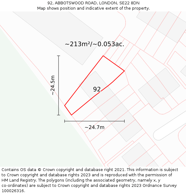 92, ABBOTSWOOD ROAD, LONDON, SE22 8DN: Plot and title map