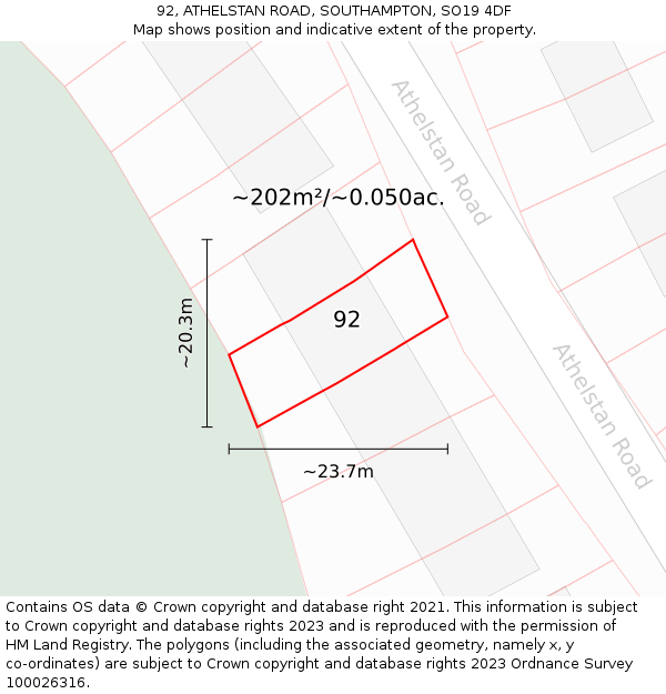 92, ATHELSTAN ROAD, SOUTHAMPTON, SO19 4DF: Plot and title map