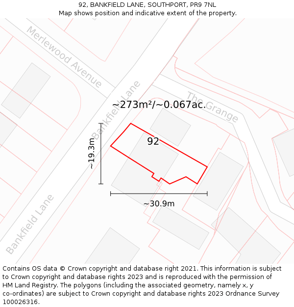 92, BANKFIELD LANE, SOUTHPORT, PR9 7NL: Plot and title map