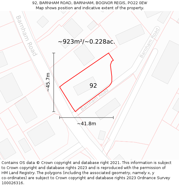 92, BARNHAM ROAD, BARNHAM, BOGNOR REGIS, PO22 0EW: Plot and title map