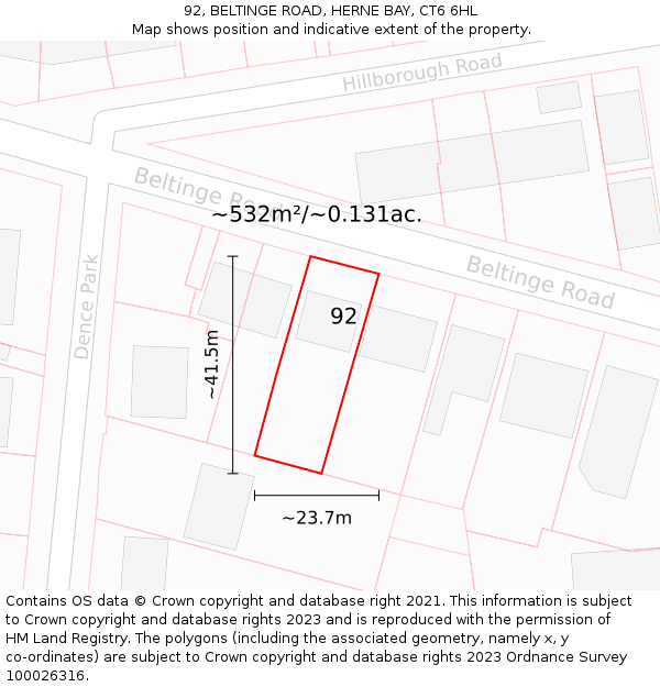 92, BELTINGE ROAD, HERNE BAY, CT6 6HL: Plot and title map