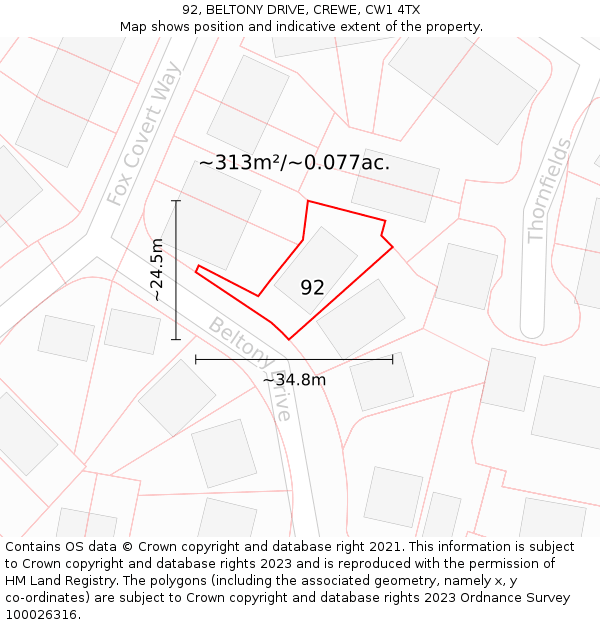 92, BELTONY DRIVE, CREWE, CW1 4TX: Plot and title map