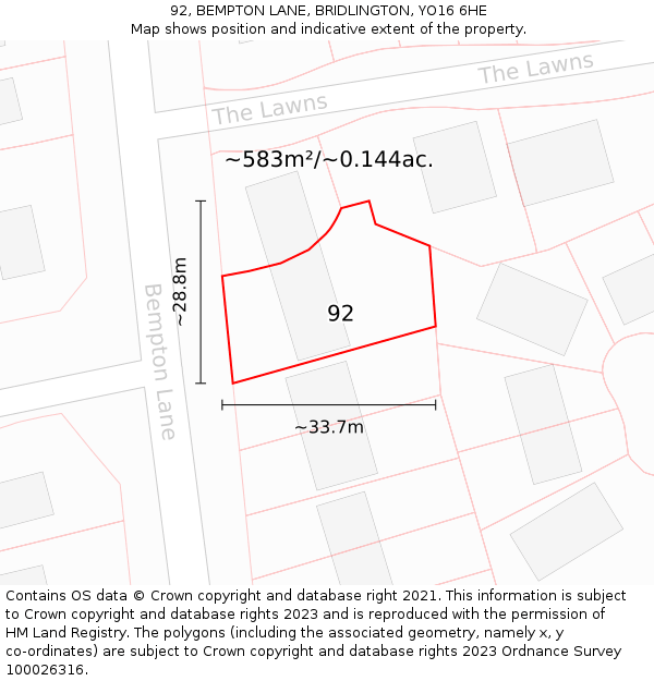 92, BEMPTON LANE, BRIDLINGTON, YO16 6HE: Plot and title map