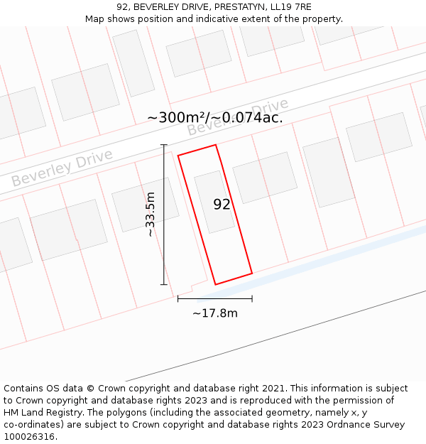 92, BEVERLEY DRIVE, PRESTATYN, LL19 7RE: Plot and title map