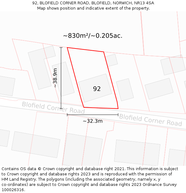 92, BLOFIELD CORNER ROAD, BLOFIELD, NORWICH, NR13 4SA: Plot and title map