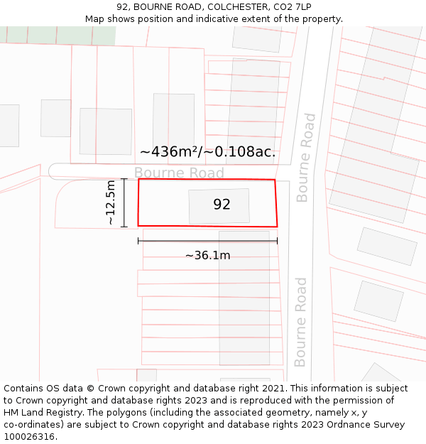 92, BOURNE ROAD, COLCHESTER, CO2 7LP: Plot and title map