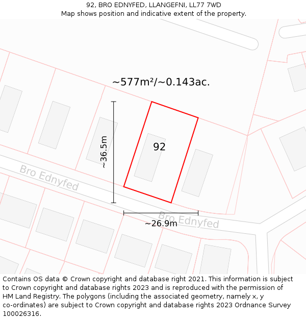 92, BRO EDNYFED, LLANGEFNI, LL77 7WD: Plot and title map