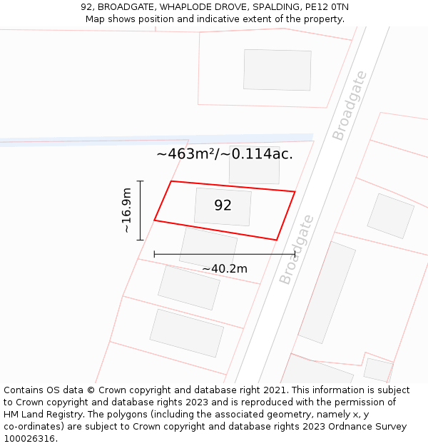 92, BROADGATE, WHAPLODE DROVE, SPALDING, PE12 0TN: Plot and title map