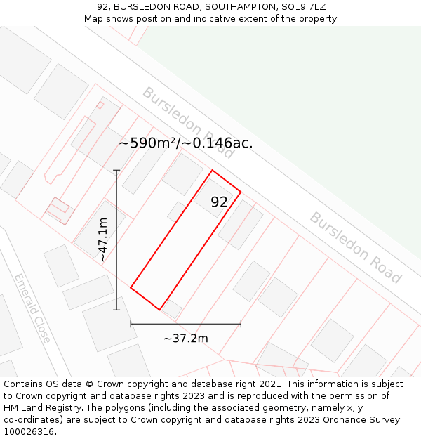 92, BURSLEDON ROAD, SOUTHAMPTON, SO19 7LZ: Plot and title map