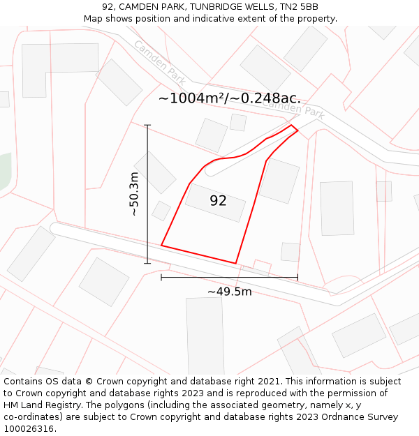 92, CAMDEN PARK, TUNBRIDGE WELLS, TN2 5BB: Plot and title map