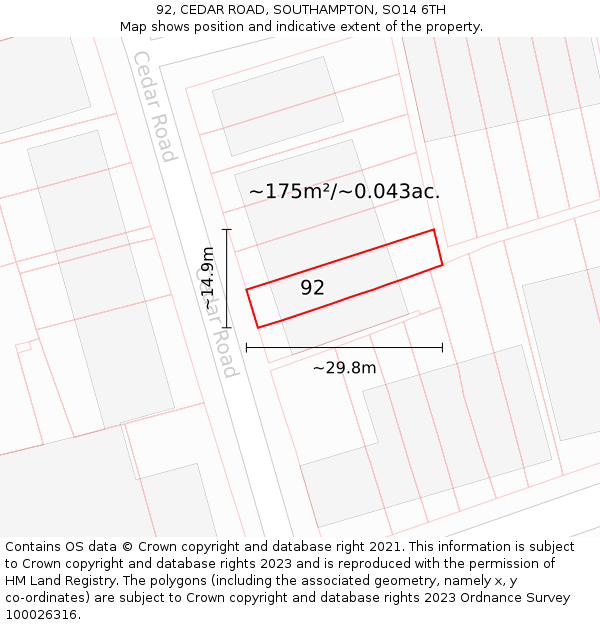 92, CEDAR ROAD, SOUTHAMPTON, SO14 6TH: Plot and title map