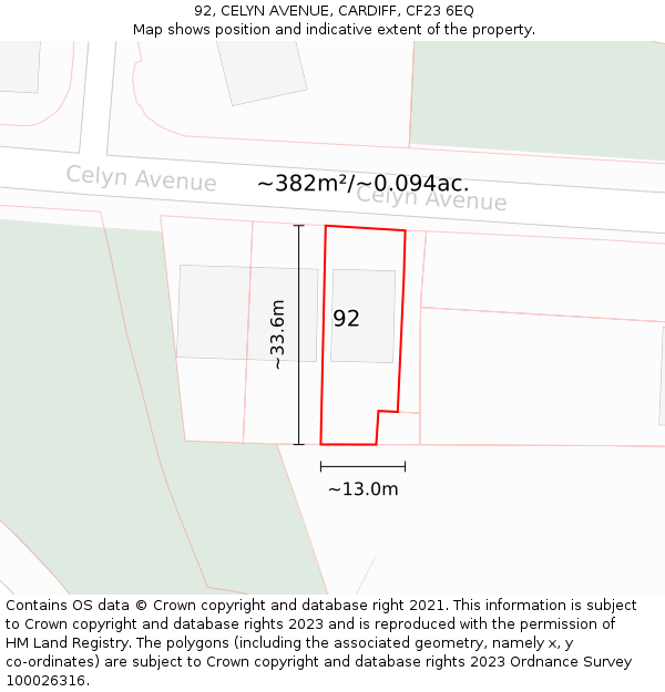 92, CELYN AVENUE, CARDIFF, CF23 6EQ: Plot and title map