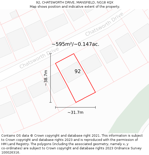 92, CHATSWORTH DRIVE, MANSFIELD, NG18 4QX: Plot and title map