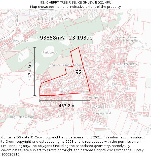 92, CHERRY TREE RISE, KEIGHLEY, BD21 4RU: Plot and title map