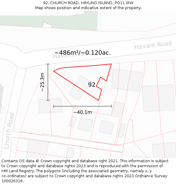 92, CHURCH ROAD, HAYLING ISLAND, PO11 0NX: Plot and title map