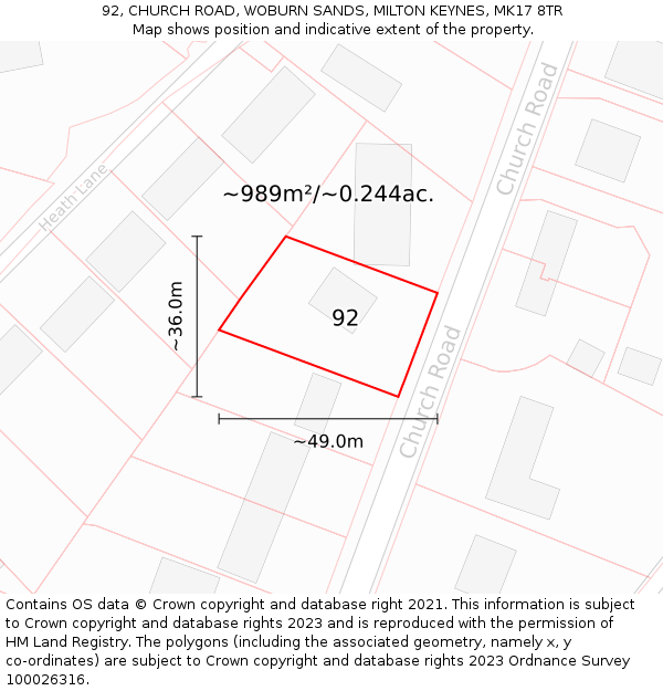 92, CHURCH ROAD, WOBURN SANDS, MILTON KEYNES, MK17 8TR: Plot and title map