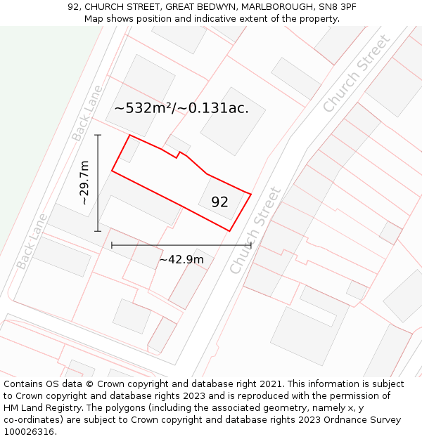 92, CHURCH STREET, GREAT BEDWYN, MARLBOROUGH, SN8 3PF: Plot and title map