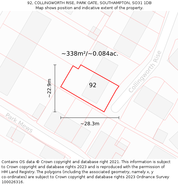 92, COLLINGWORTH RISE, PARK GATE, SOUTHAMPTON, SO31 1DB: Plot and title map
