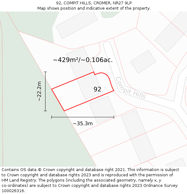 92, COMPIT HILLS, CROMER, NR27 9LP: Plot and title map