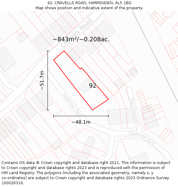 92, CRAVELLS ROAD, HARPENDEN, AL5 1BG: Plot and title map