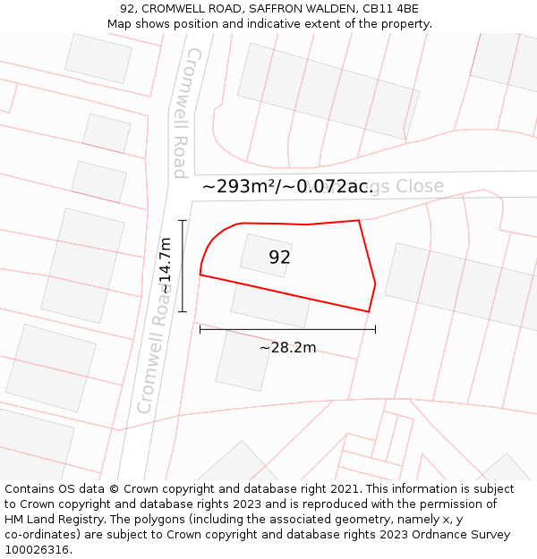 92, CROMWELL ROAD, SAFFRON WALDEN, CB11 4BE: Plot and title map