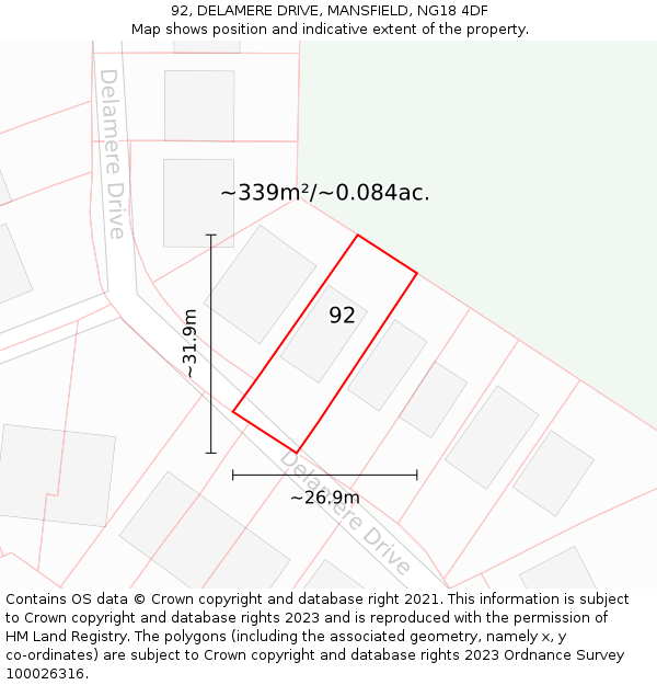 92, DELAMERE DRIVE, MANSFIELD, NG18 4DF: Plot and title map