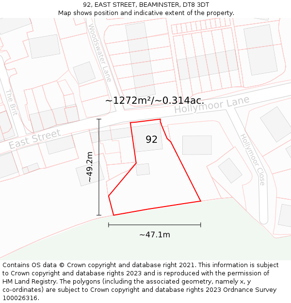 92, EAST STREET, BEAMINSTER, DT8 3DT: Plot and title map