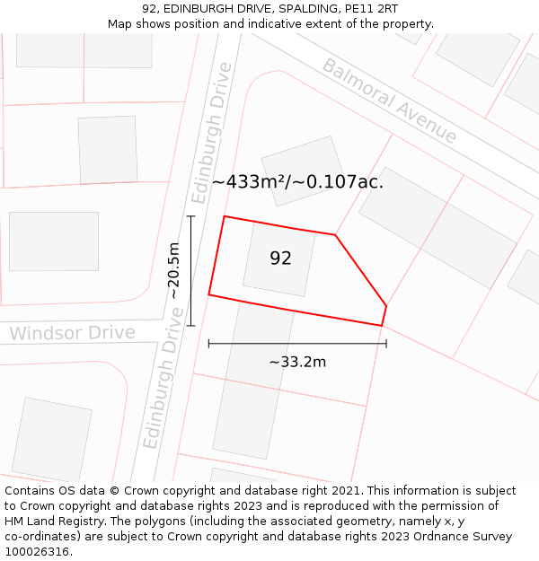 92, EDINBURGH DRIVE, SPALDING, PE11 2RT: Plot and title map