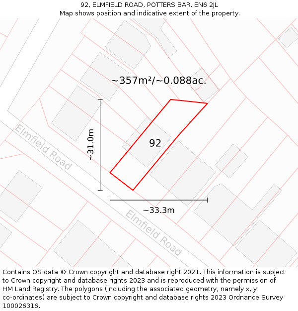 92, ELMFIELD ROAD, POTTERS BAR, EN6 2JL: Plot and title map