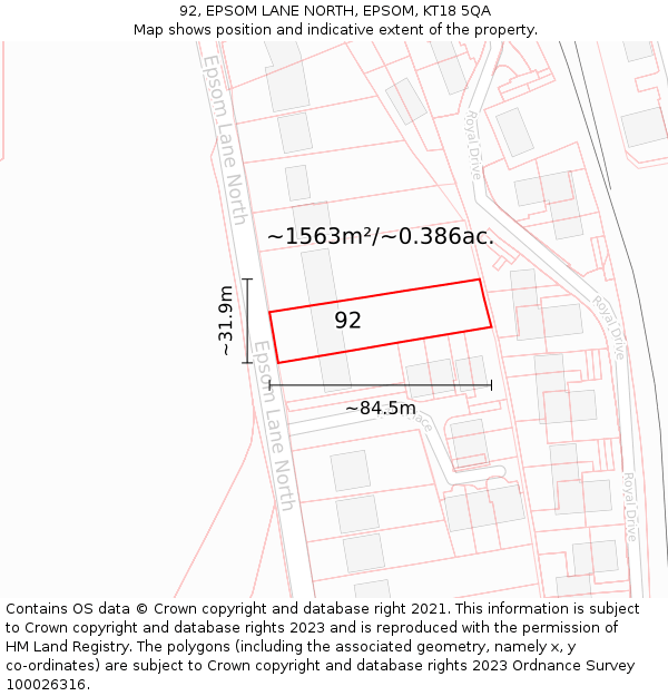 92, EPSOM LANE NORTH, EPSOM, KT18 5QA: Plot and title map